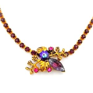 Vintage Gold Floral Necklace with Purple and Pink Accents